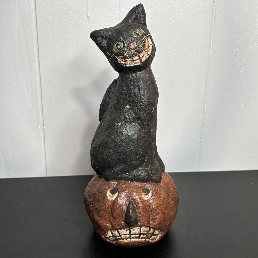 Primitive Black Cat Smiley Whiskers Sculpture w/ Pumpkin Paper Mache Figure - Picture 1 of 9